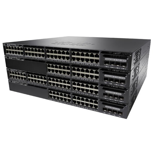 Cisco Catalyst 3650-48PD-S Network Switch, 48 Gigabit Ethernet (GbE) PoE+ Ports, two 10 G and two 1 G Uplinks, 640WAC Power Supply, 1 RU