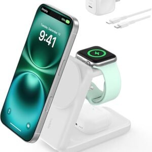 Belkin MagSafe Charger Compatible, 3-in-1 Charging Station, Qi2.2 25W Magnetic Wireless Charger Dock, Foldable Charging Stand for iPhone 17/16/15, Apple Watch, AirPods, Pixel 10 (45W Adapter Included)