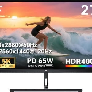 KTC 27 Inch 5K Monitor, 5120 x 2880 5K2K Monitor with 65W Type-C Port, Dual Mode Computer Monitors Compatible with Mac mini, IPS Panel, HDR 400, 217 PPI, 135% sRGB, HDMI DisplayPort, Tilt, H27P3
