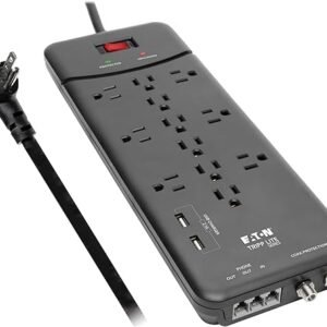 Tripp Lite 12 Outlet Surge Protector Power Strip, 2 USB Charging Ports, Tel/Modem/Coax Protection, 8ft Cord Right Angle Plug, Black, Lifetime Insurance & $150K Insurance (TLP128TTUSBB)