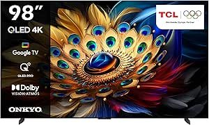 TCL 98 Inch 4K QLED Pro HDR 10+ Smart Google TV, Dolby Vision Atmos, 144Hz VRR+240Hz DLG, ONKYO 2.1ch, Slim & Uni-body Design 98C655- (2024 Model), Black