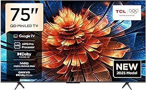 TCL 75Q6C Television 75 Inch Smart TV 4K QD-Mini LED Colorful Quantum Crystal HDR 10+ Gaming Google TV, 144Hz Native Refresh Rate, ONKYO 2.1 Hi-Fi, Dolby Atmos, AI Mode, Game Master (2025 Model)