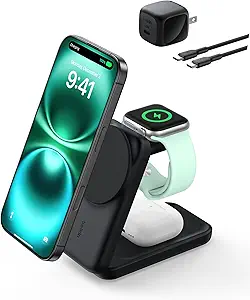Belkin MagSafe Charger Compatible, 3-in-1 Charging Station, Qi2.2 25W Magnetic Wireless Charger Dock, Foldable Charging Stand for iPhone 17/16/15, Apple Watch, AirPods, Pixel 10 (45W Adapter Included)