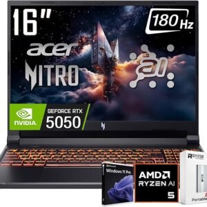 acer Nitro V 16 AI Gaming Laptop, 16" WUXGA IPS180Hz Display, AMD Ryzen 5 240, NVIDIA GeForce RTX 5050 8GB GDDR7 Graphics,32GB DDR5, 2TB Gen4 SSD, WiFi 6E, RGB Backlit KB, Win11 PRO, W/256GB PSD