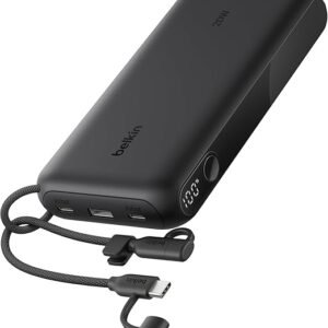 Belkin Portable Charger, USB-C Power Bank 20,000mAh with 2x Type C Ports & 1x USB-A Port, Digital Battery Display, 20W Charging for iPhone 16 Series, Samsung Galaxy S25, Pixel 9, iPad, & More - Black